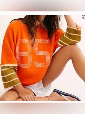 Free People Cool Day Orange Varsity Striped V-Neck Pullover